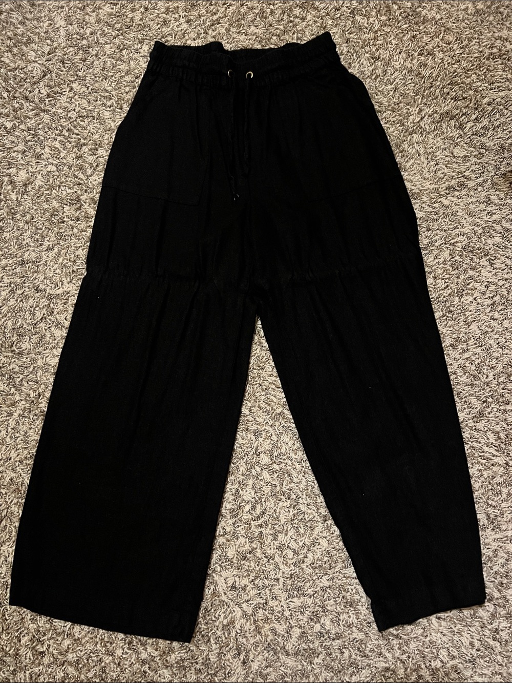 Black Wide-Leg Drawstring Linen Pants